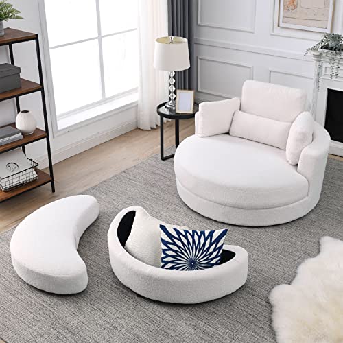 HomSof Swivel Accent Barrel Modern Grey Sofa Lounge Club Big Round Chair with Storage Ottoman Linen Fabric for Living Room Hotel with Pillows, White