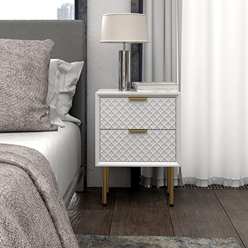 COZAYH Modern 2-Drawer Nightstand Set of 2, Contemporary Side Table, Retro-Inspired Raised Diamond Motif, White, 2 Pack