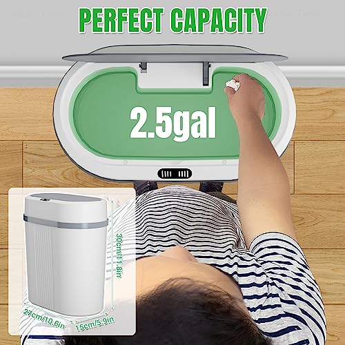 NiHome Automatic Bathroom Trash Can with Lid, 2.5 Gallon Touchless Smart Narrow Trash Bin Motion Sensor Plastic Garbage Can, Waterproof Slim Small Trash Can for Bathroom, Kitchen, Bedroom - White