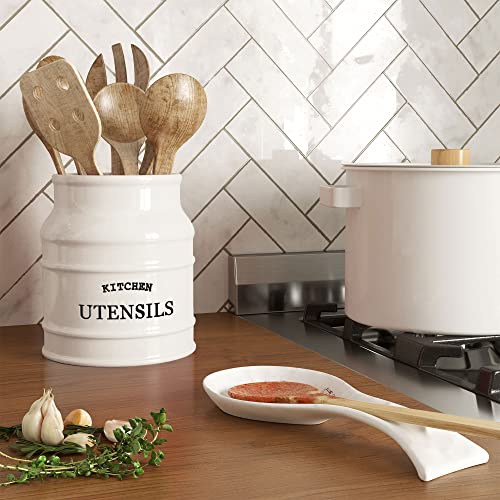 Barnyard Designs Ceramic Farmhouse Utensil Holder for Kitchen Counter, Large Rustic Utensil Crock, Countertop Cooking Tool Spatula Organizer, 6.75”, White