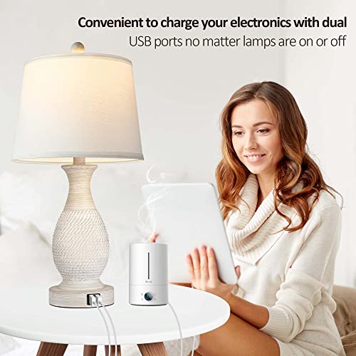 PARTPHONER Set of 2 Table Lamps with USB Ports, 26" Tall Farmhouse Living Room Lamp with 3-Way Dimmable Nightstand Lamp White Fabric Shade for Living Room Bedroom Home Office