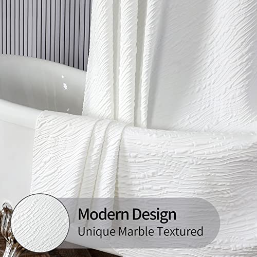 MitoVilla White Modern Fabric Shower Curtain, Farmhouse Waves Cloth Shower Curtains for Neutral Hotel Bathroom Decor, 3D Geometric Embossed Textured, Durable & Wrinkle Resistant, 72 x 72