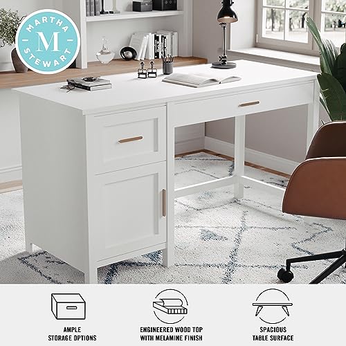 Martha Stewart Hutton Shaker Style Home Office Desk with Storage in White with Polished Brass Hardware