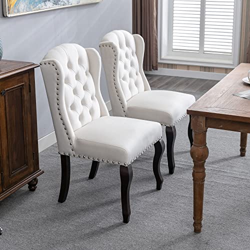 DM Furniture Velvet Dining Chairs Farmhouse Solid Wood Accent Chairs Side Host Kitchen Chair with Tufted Back for Dining Room/Living Room/Bedroom (Set of 2, Cream)