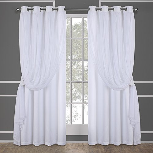 Exclusive Home Catarina Layered Solid Room Darkening Blackout and Sheer Grommet Top Curtain Panel Pair, 52"x96", Winter White