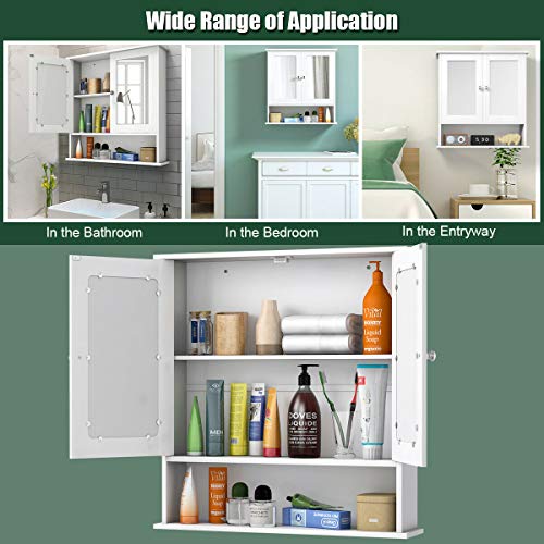 Tangkula Bathroom Cabinet, Wall Mount Storage Cabinet with Double Mirror Doors, Wood Medicine Cabinet(White)