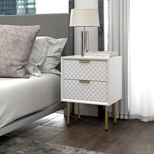 COZAYH Modern 2-Drawer Nightstand Set of 2, Contemporary Side Table, Retro-Inspired Raised Diamond Motif, White, 2 Pack