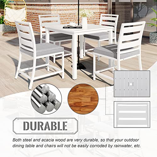 EMKK 5-Piece Indoor Outdoor Wicker Dining Set Furniture for Patio, Backyard w/Square Glass Tabletop, Umbrella Cutout, 4 Chairs, H-White