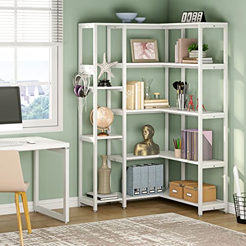 TIYASE 5-Shelf Corner Bookshelf, Modern Large Corner Etagere Bookcase, 5-Tier Tall Corner Shelf Display Storage Rack with Metal Frame for Living Room Home Office, White