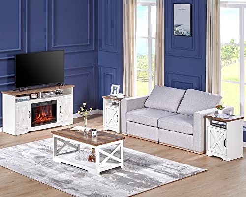 AMERLIFE 4-Piece Farmhouse Table Set for Living Room - Includes 54" Fireplace TV Stand, 1 X Coffee Table & 2 X End Tables with Charging Station, Rustic Oak & White