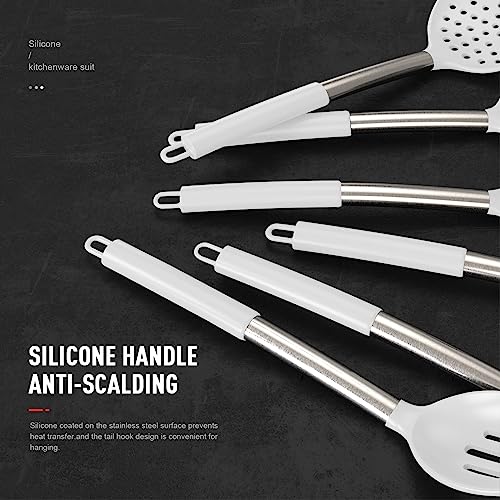 Large Silicone Cooking Utensils Set - Heat Resistant Kitchen Utensils Sets,Spatula,Spoon,Turner Tongs,Brush,Whisk,Stainless Steel Silicone Cooking Utensil for Nonstick Cookware,Dishwasher Safe (White)