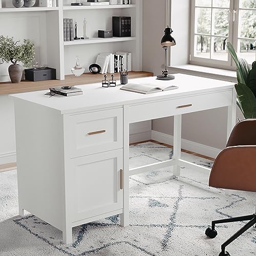 Martha Stewart Hutton Shaker Style Home Office Desk with Storage in White with Polished Brass Hardware