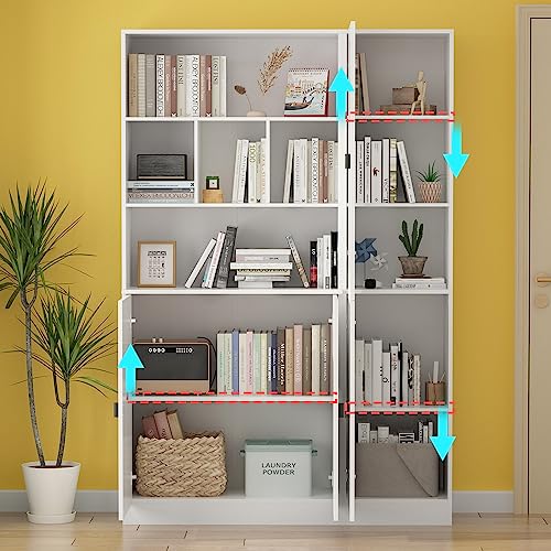 Hitow Tall Bookshelf with Glass Doors, 3 Piece Large Storage Cabinet Set, Home Office Bookcase with Doors Shelves, Glass Display Cabinet for Living Room, White Type B (62.3" W x 12.2" D x 70.9" H)