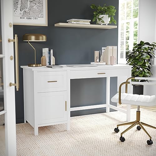 Martha Stewart Hutton Shaker Style Home Office Desk with Storage in White with Polished Brass Hardware