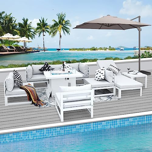 NICESOUL® 9 Pieces Aluminum Outdoor Furniture Set with Propane Fire Table Aluminum Patio Conversation Lounge Chair Set Large Size Sectional Sofa Sets with Fire Pit for Poolside Backyard