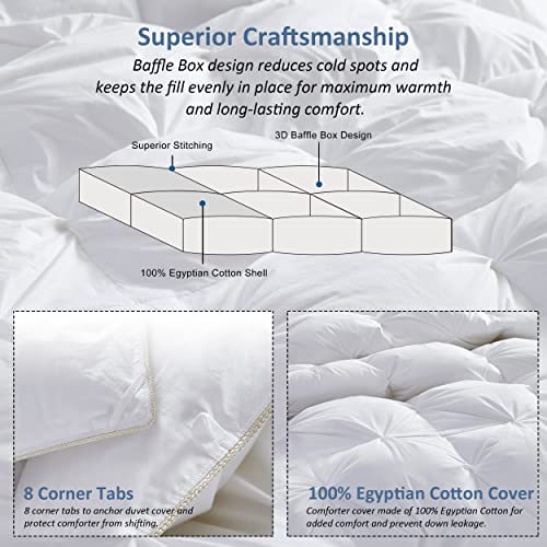 Luxurious All-Season Goose Down Feather Fiber Comforter King Size Duvet Insert, Exquisite Pinch Pleat Design, Premium Baffle Box, 100% Egyptian Cotton Cover, 65 oz. Fill Weight, White