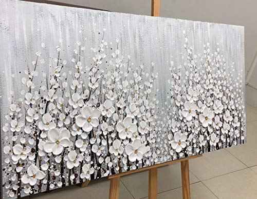 V-inspire Art, 30x60 Inch Hand Painted 3D White Flowers Wall Art Abstract Canvas Oil Paintings Wall Decorations for Living room Dining room Bedroom Artwork for Home Walls