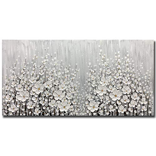 V-inspire Art, 30x60 Inch Hand Painted 3D White Flowers Wall Art Abstract Canvas Oil Paintings Wall Decorations for Living room Dining room Bedroom Artwork for Home Walls