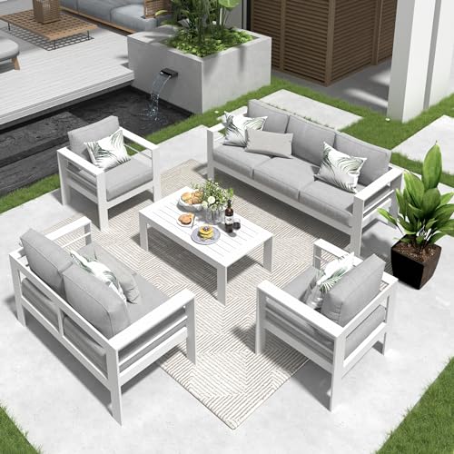 Solaste Aluminum Patio Furniture Set,5 Pieces Modern Outdoor Conversation Set Sectional Sofa with Upgrade Cushion and Coffee Table,White