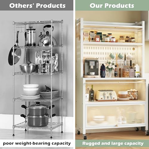 COVAODQ Kitchen Baker's Rack with Flip Door Cabinet, 5-Tier Microwave Stand with Pegboard Accessories for Garage Pantry Home Kitchen