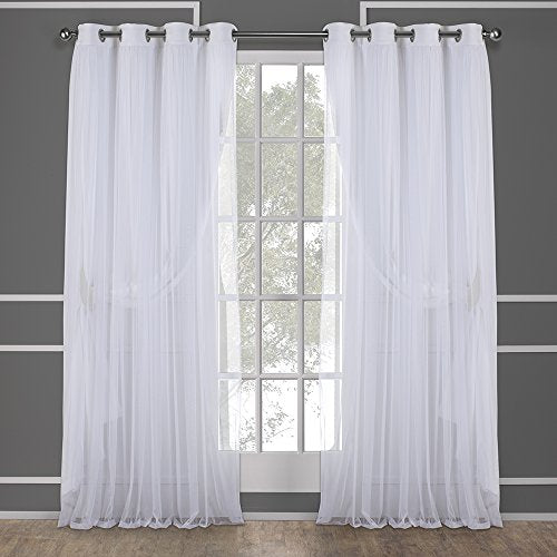 Exclusive Home Catarina Layered Solid Room Darkening Blackout and Sheer Grommet Top Curtain Panel Pair, 52"x96", Winter White