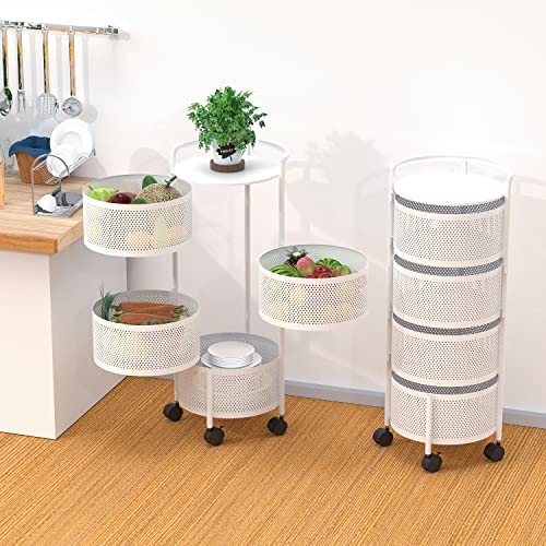 JAQ Rotating Storage Shelves Rack for Kitchen, 4-Tier Multi Layer Removable Basket Shelf Organizer on Rolling Wheels for Fruit Vegetable Grocery Corns Potato Onion (4-Tier, White)