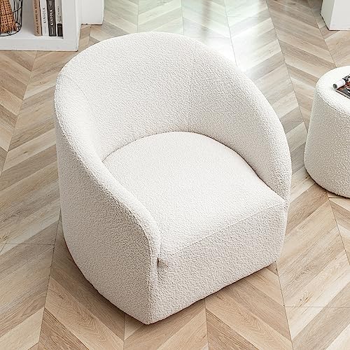 KINWELL 32" Wide Boucle Upholstered Swivel Cuddle Barrel Chairs, Mid-Century 360 Degree Swivel Accent Sofa Chairs, No Assembly Round Armchairs for Living Room, Bedroom, Office (White)