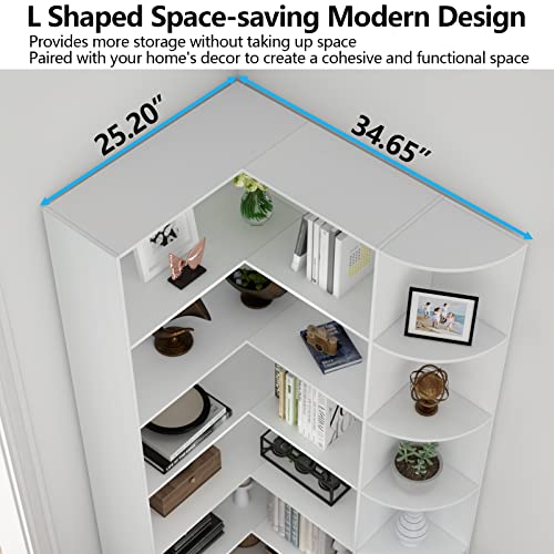 Loomie White Book Shelf, 6 Tiers Shelf Large Tall Corner Etagere Bookcase with Full Baffle, L-Shaped Modern Storage Display Industrial Bookshelves for Bedroom, Home Office, Living Room & Kitchen