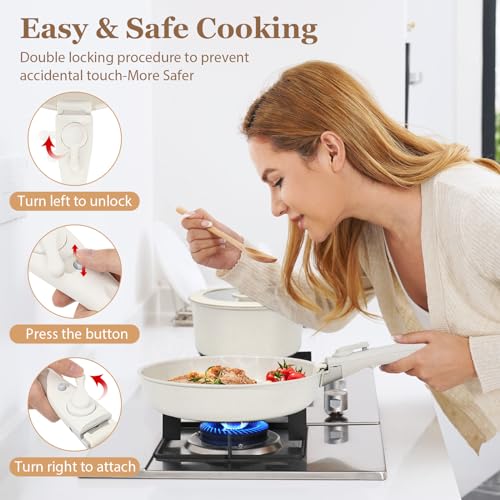 SODAY Pots and Pans Set Non Stick, 15pcs Kitchen Cookware Set Detachable Handle, Induction Kitchen Cookware Sets Nonstick with Removable Handle, RV Cookware Set, Oven Safe (White)