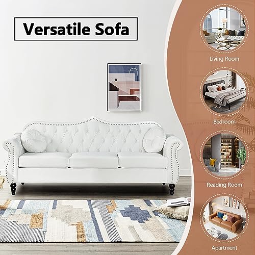 AVZEAR 82" Three Seater Sofa, Chesterfield Sofa, Mid-Century Modern Velvet Upholstered Sofa, Deep Button Tufted Living Room Sofa with Two Throw Pillows, White