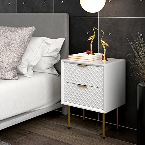 COZAYH Modern 2-Drawer Nightstand Set of 2, Contemporary Side Table, Retro-Inspired Raised Diamond Motif, White, 2 Pack