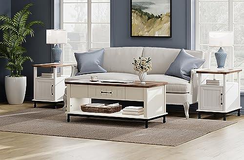 WAMPAT Premium Farmhouse Coffee Table Set of 3 for Living Room, 1 Large Rectangle Center Table with Storage Drawers, 2 End Side Tables with Charging Station for Living Room, White/Oak