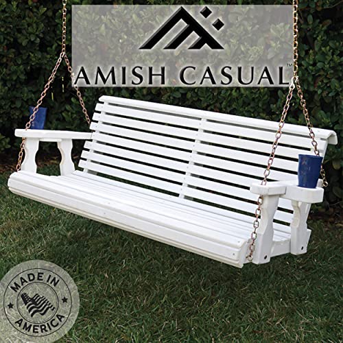 Amish Casual Heavy Duty 800 Lb Roll Back Treated Porch Swing with Hanging Chains and Cupholders (4 Foot, Semi-Solid White Stain)