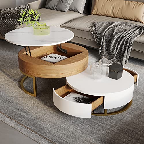 Sdorens Lift Top Coffee Table, Round Coffee Table with Hidden Storage, Nesting Coffee Table Set of 2, End Table, Center Table for Living Room, Home, Office (White)