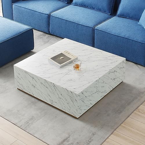 Modern Coffee Table, Square Center Table Modern Simple Faux Marble Coffee Table, Glam Accent End Table for Home, Apartment,Square White