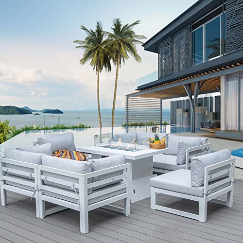 NICESOUL® 7 Pieces Aluminum Patio Furniture with Fire Pit Table Outdoor Conversation Set 43" Propane & Natural Gas Convertable Fire Pit Table Modern Luxury Sofa Set White Gray Color 7 Pieces