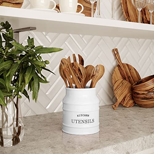 Barnyard Designs Ceramic Farmhouse Utensil Holder for Kitchen Counter, Large Rustic Utensil Crock, Countertop Cooking Tool Spatula Organizer, 6.75”, White