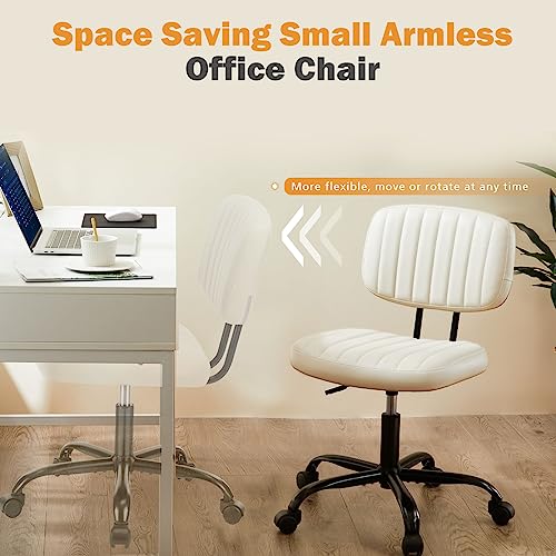 Armless Small Desk Chair - Home Office Chair with Wheels, PU Leather Low Back Task Chair with Lumbar Support, Adjustable Height 360° Rolling Swivel Computer Chair without Arm for Small Space