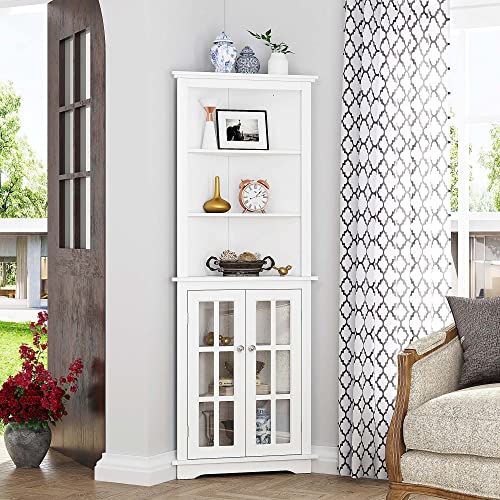 Spirich Home Bathroom Tall Corner Storage Cabinet, Floor Slim Display Storage Cabinet with Windowpane Glass Doors and Adjustable Shelves for Bathroom, Kitchen, Living Room or Bedroom, White