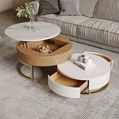 Sdorens Lift Top Coffee Table, Round Coffee Table with Hidden Storage, Nesting Coffee Table Set of 2, End Table, Center Table for Living Room, Home, Office (White)