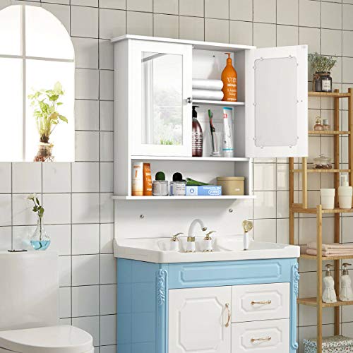 Tangkula Bathroom Cabinet, Wall Mount Storage Cabinet with Double Mirror Doors, Wood Medicine Cabinet(White)