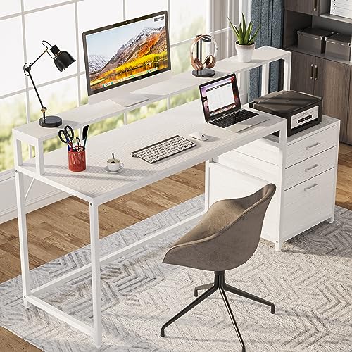 Tribesigns 63 Inch Computer Desk with File Drawer Cabinet, Ergonomic Office Desk with Monitor Stand, Computer Table with Printer Space, Wood PC Table Workstation Desk for Home Office, White