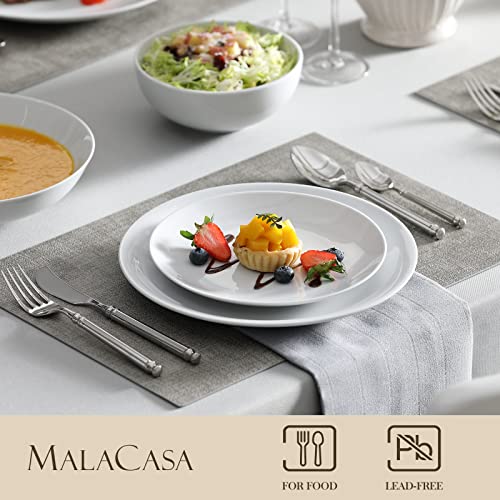 MALACASA 24-Piece Gourmet Porcelain Dinnerware Sets, Modern White Round Dish Set for 6 - Premium Serving Plates and Bowls Sets for Dessert, Salad, Soup, Pasta - Series AMELIA