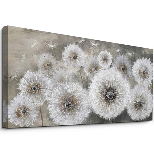 yiijeah White Dandelion Wall Decor - Large Wall Art - 30x60 Inches - Framed Picture Artwork - Wall Art for Living Room Office Bedroom - Extra Large Size - Canvas Wall Decor