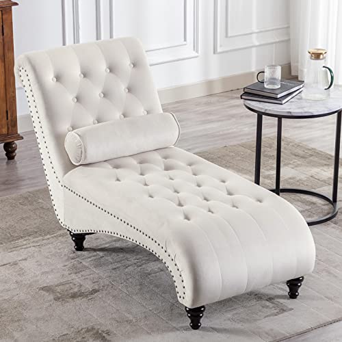 ONPNO Tufted Velvet Chaise Lounge Indoor, Leisure Accent Chair Upholstered Couch with Toss Pillow for Bedrooom Living (White) 55.1D x 25W x 34.3H in