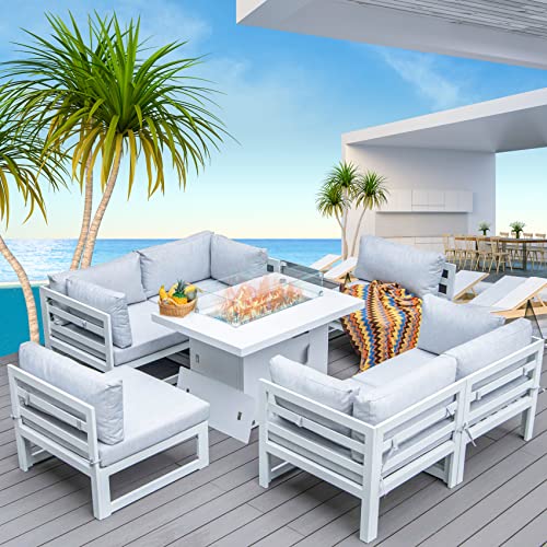 NICESOUL® 7 Pieces Aluminum Patio Furniture with Fire Pit Table Outdoor Conversation Set 43" Propane & Natural Gas Convertable Fire Pit Table Modern Luxury Sofa Set White Gray Color 7 Pieces