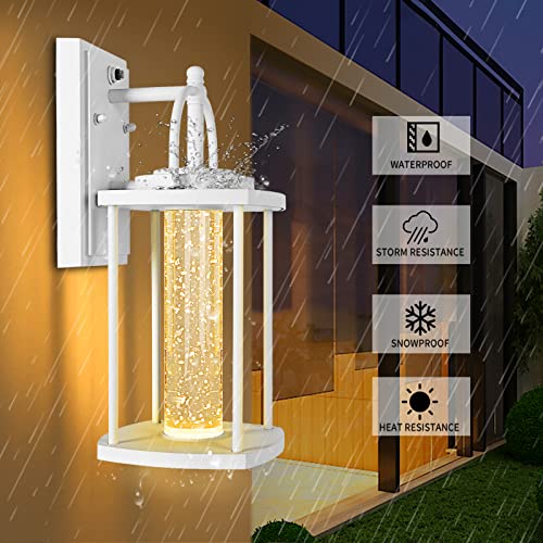 PARTPHONER Dusk to Dawn White Outdoor Light Fixtures 2 Pack, Modern Wall Sconce Lighting with Crystal Bubble Glass, LED Porch Lights with Photocell Sensor 10W, 3000K for Front Door Garage Patio