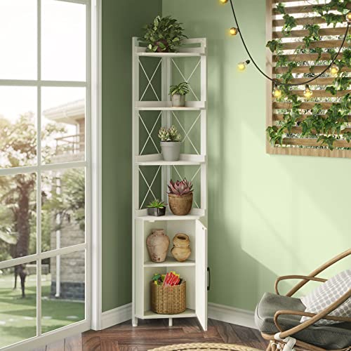 Rolanstar Corner Shelf 5-Tier with Storage, Corner Bookshelf Stand Storage Rack Plant Stand for Living Room, Home Office, Kitchen, Small Space, White 12.5"D x 18.9"W x 70.9"H