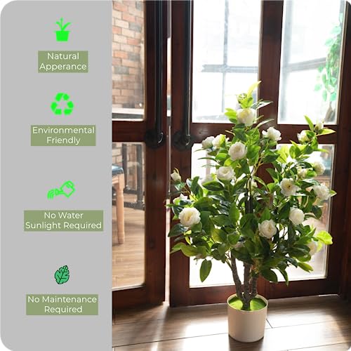 ECOFOREST Artificial Camellia Tree 35in Faux Floral Plant with White Flowers and Green Leaves - No Maintenance Indoor Outdoor Office Home Porch Decor Housewarming Gift(2Pack，White)