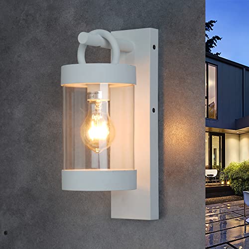 Lustrlach Dusk to Dawn Outdoor Wall Light White Modern Exterior Porch Light Fixture with Photocell E26 Bulb Base,IP44 Waterproof Patio Light for Outside Garage Front Door